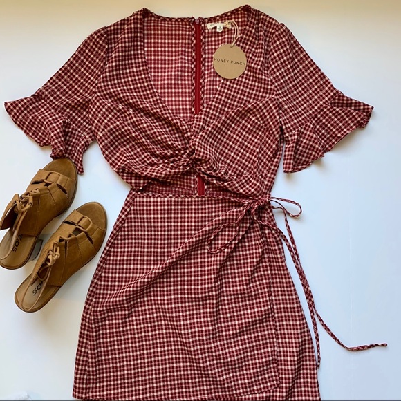 Plaid Cut Out Wrap Bell Sleeve Dress - Picture 2 of 7